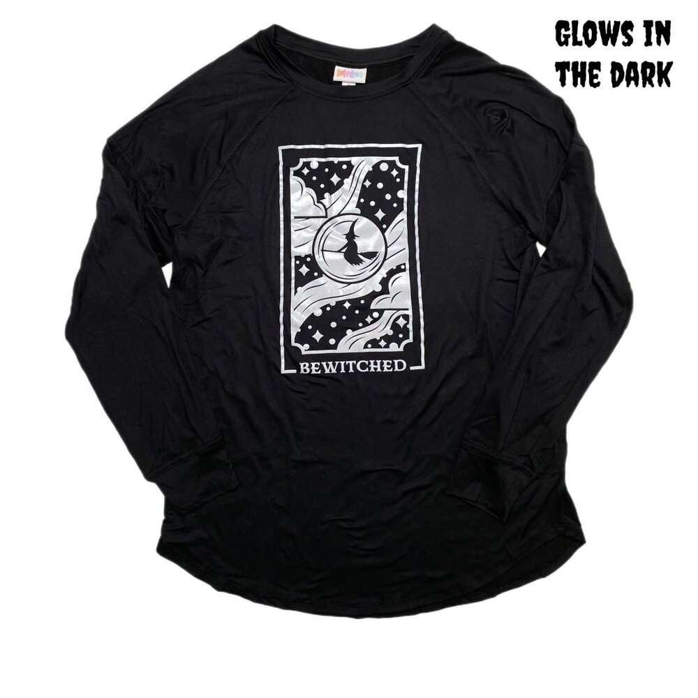 NEW S LuLaRoe Erin Unisex Raglan Long‎ Sleeve Top Witch Glows N Dark Black Shirt